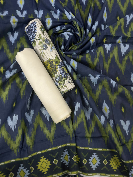 Bin Saeed Cream Olive Printed Cotton 3Pcs