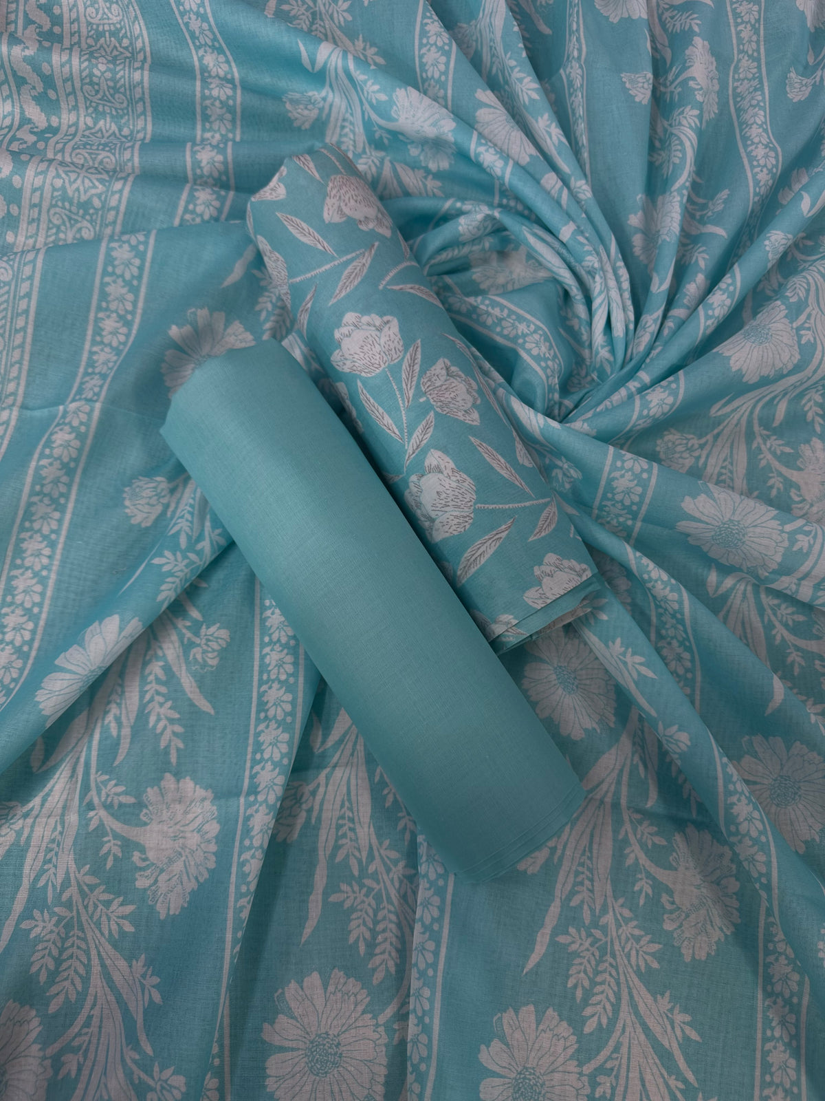 Bin Saeed Aqua Blue Printed Cotton 3Pcs