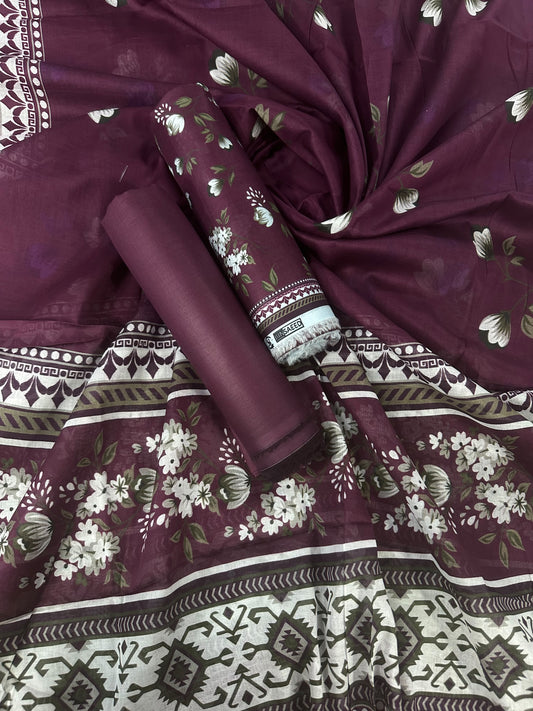 Bin Saeed Burgundy Printed Cotton 3Pcs