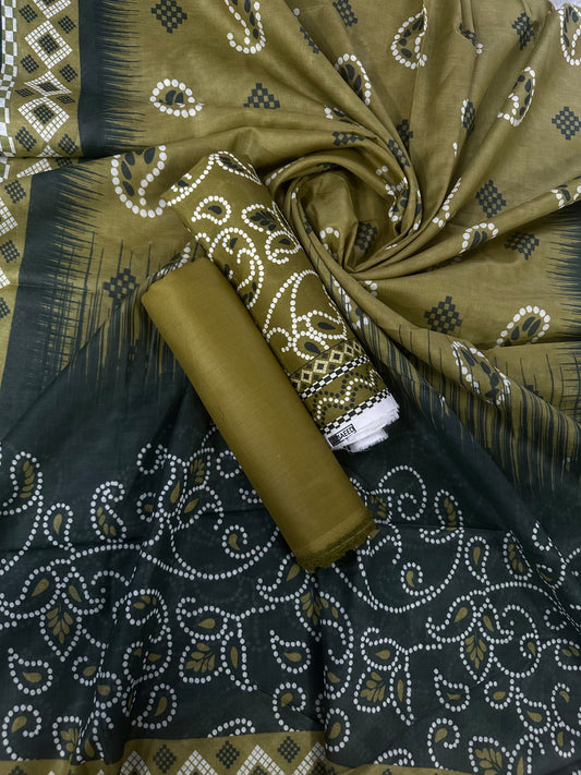 Bin Saeed Olive Chundri Printed Cotton 3Pcs