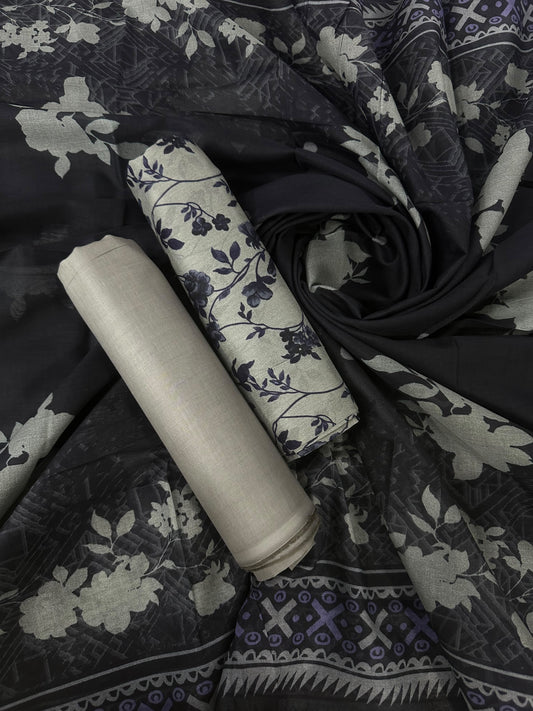 Bin Saeed Dark Grey Printed Cotton 3Pcs