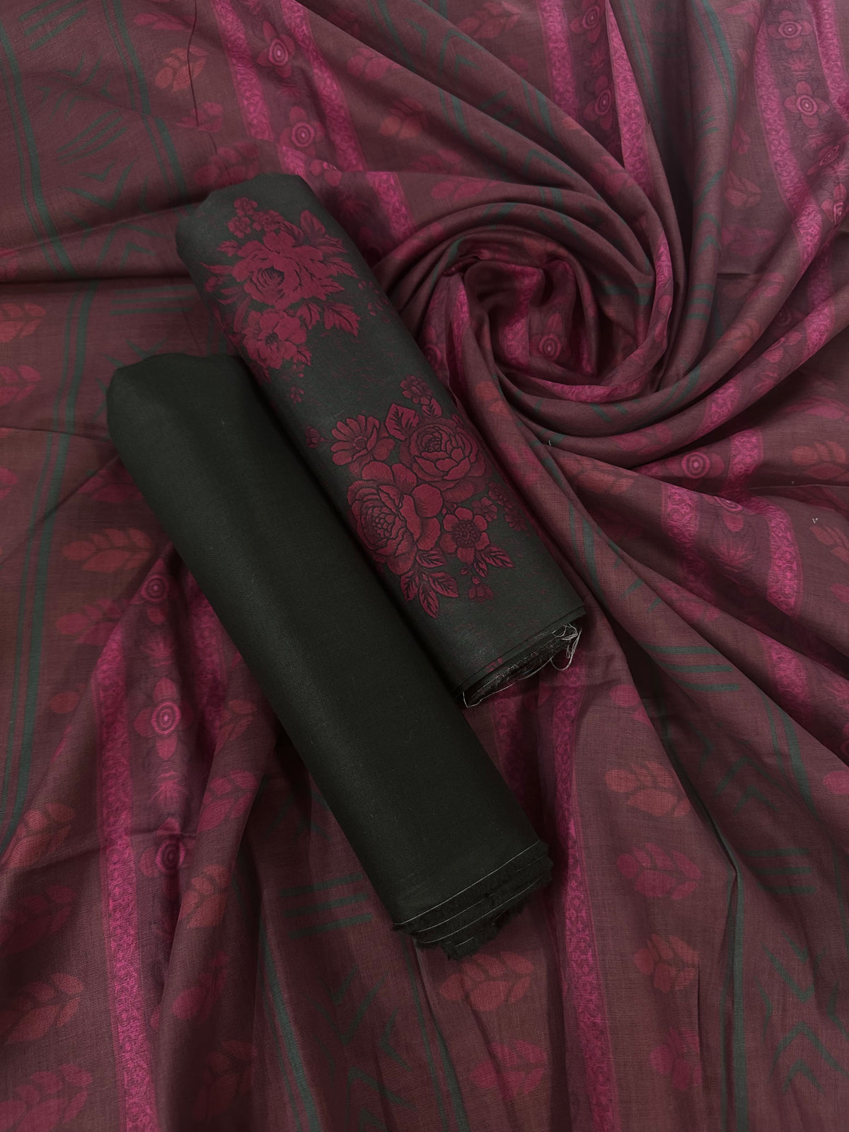 Bin Saeed Black Maroon Printed Cotton 3Pcs