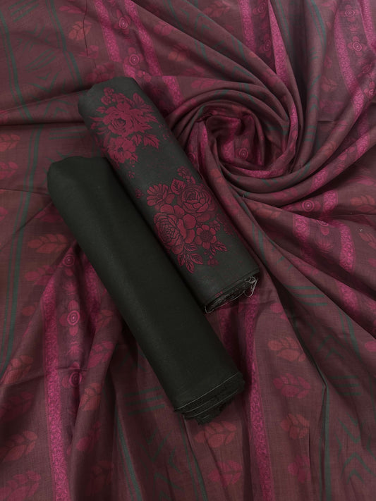 Bin Saeed Black Maroon Printed Cotton 3Pcs