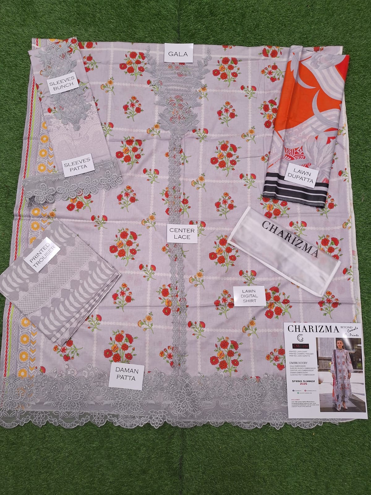 Charizma Embroidered Patches Lawn Unstitched 3 Piece With Printed Trouser 💞✨👌