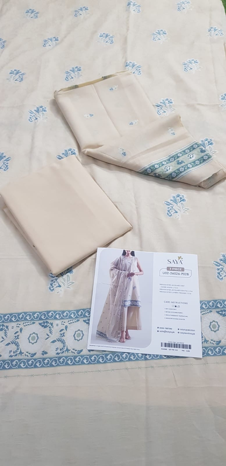 Saya Unstitched Jacquard 100% Original Cotton 3 PCs Suit In WHOLESALE PRICE 💯✨