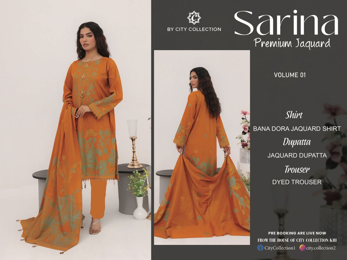 ✨ SARINA Unstitched Jacquard 3-Piece Collection ✨ Mustard SeaGreen