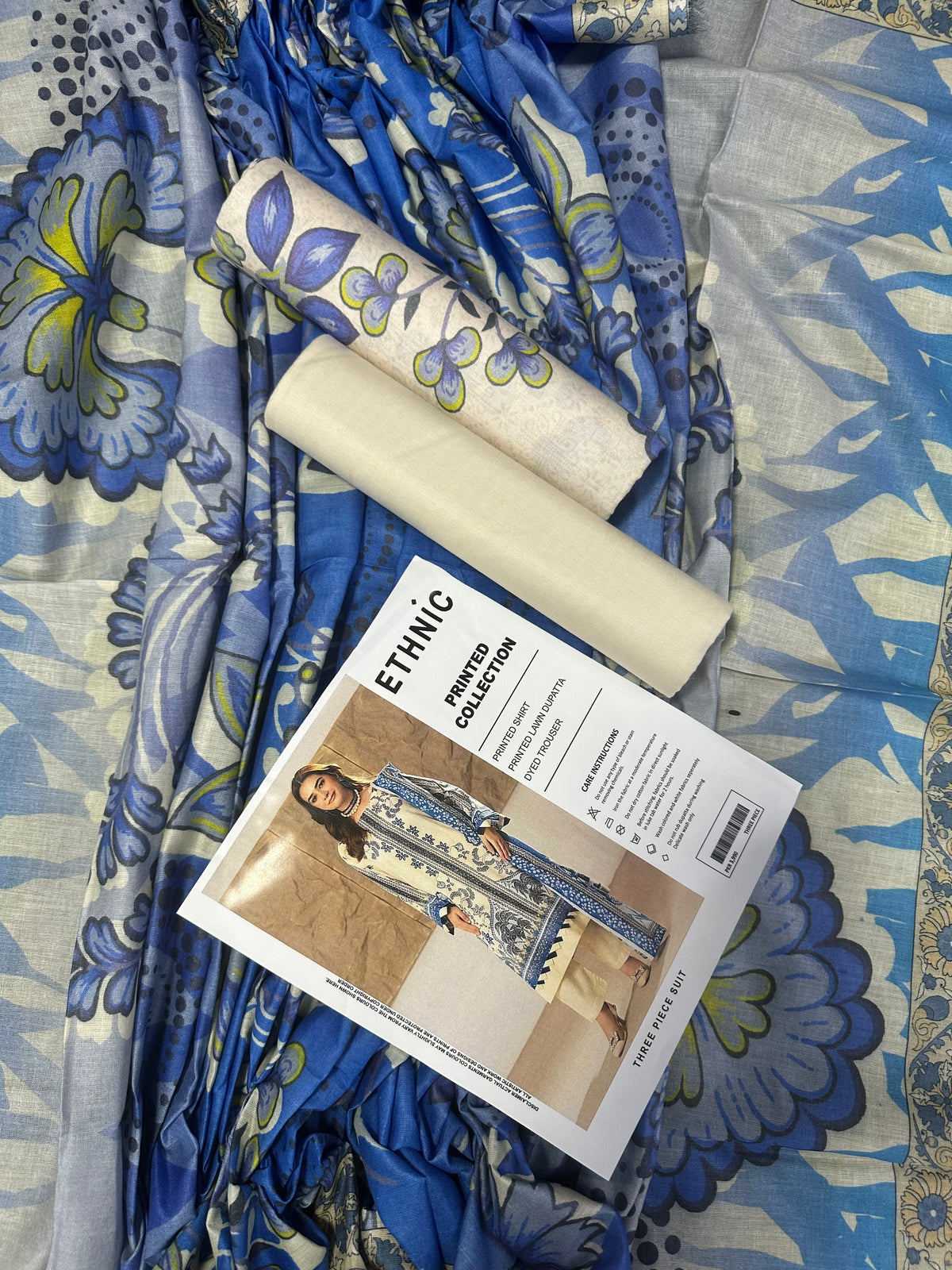 Ethnic Beige-Blue Printed 3Pcs