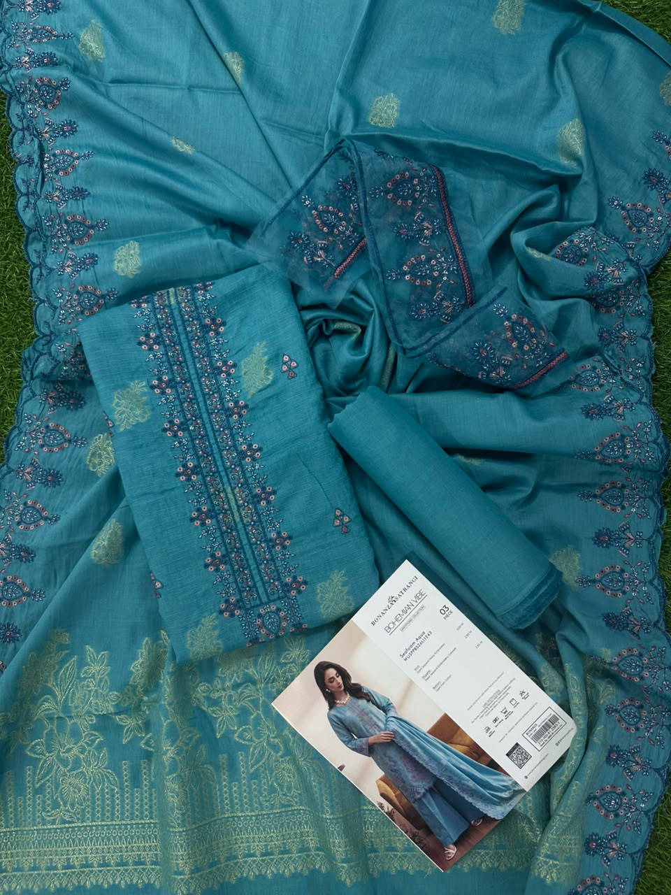 Bonanza Satrangi Seafoam Aqua Jacquard 3Pcs