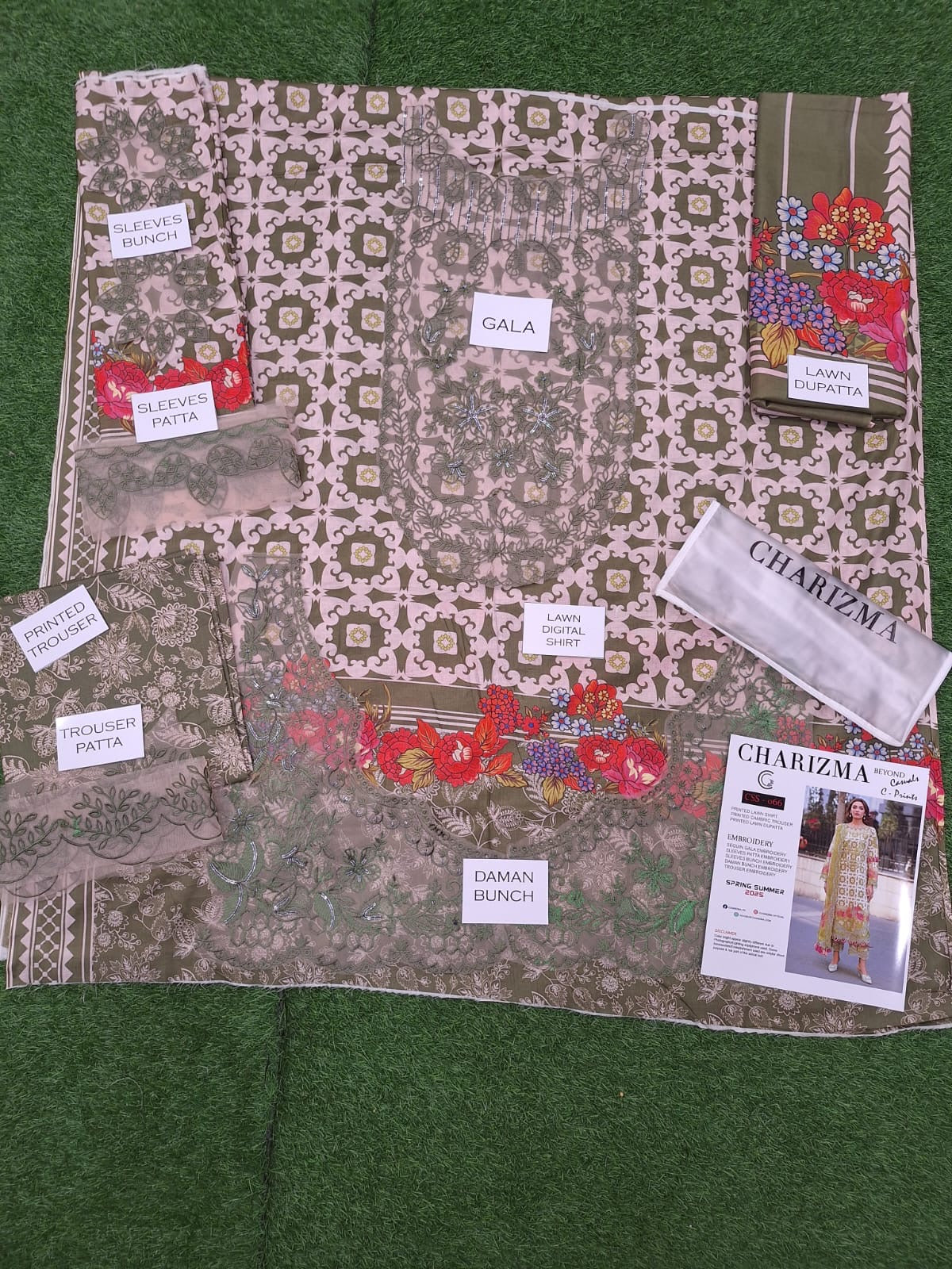 Charizma Embroidered Patches Lawn Unstitched 3 Piece With Printed Trouser 💞✨👌