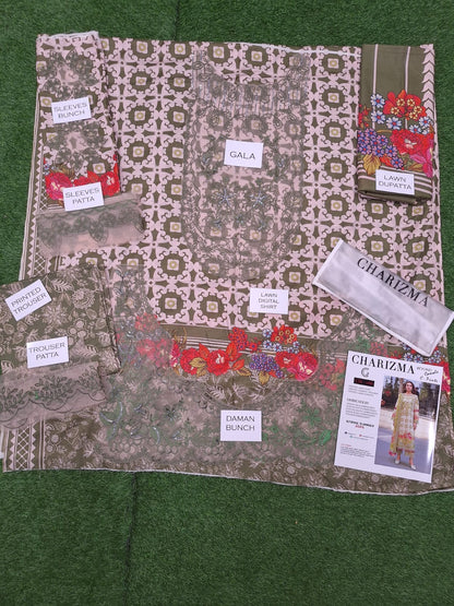 Charizma Embroidered Patches Lawn Unstitched 3 Piece With Printed Trouser 💞✨👌