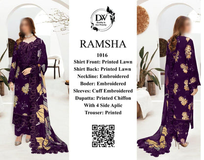 RAMSHA Elegant 3PC Unstitched Lawn Suit Collection