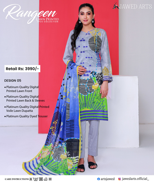 JAWED ARTS – RANGEEN–  3PC UNSTITCHED SUIT Design: 5