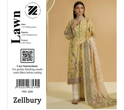 Zellbury Doriya Lawn 3 Pcs Unstitched Collection D.C:- WUS25X25709