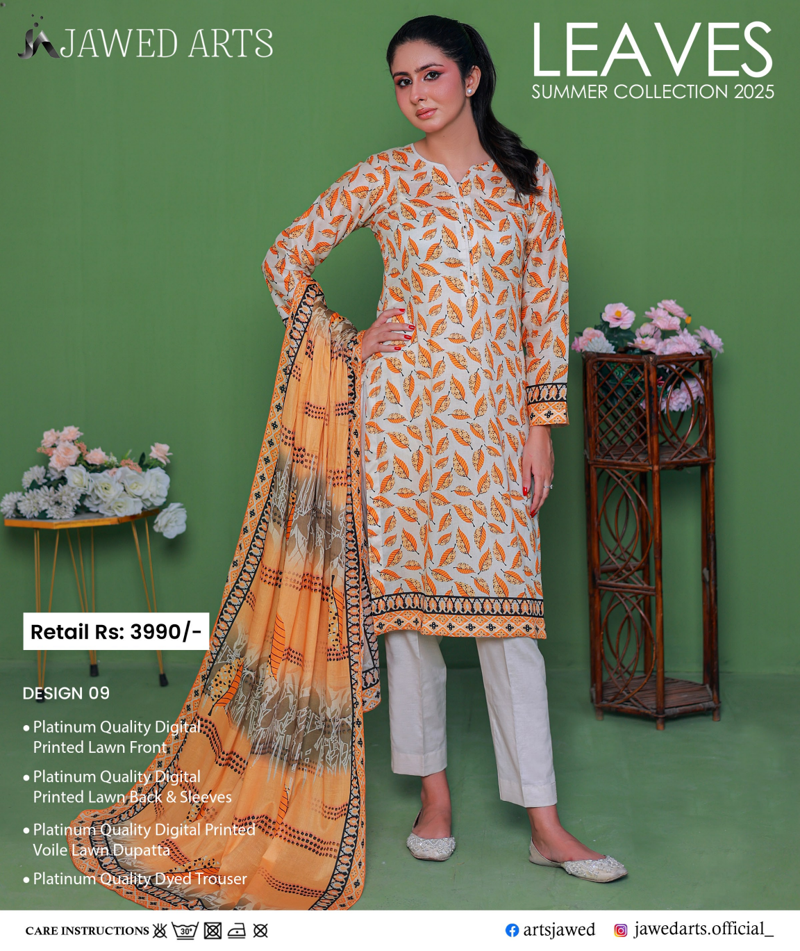 JAWED ARTS LEAVES –  3PC UNSTITCHED SUIT Design: 9