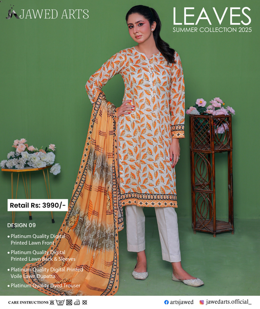 JAWED ARTS LEAVES –  3PC UNSTITCHED SUIT Design: 9