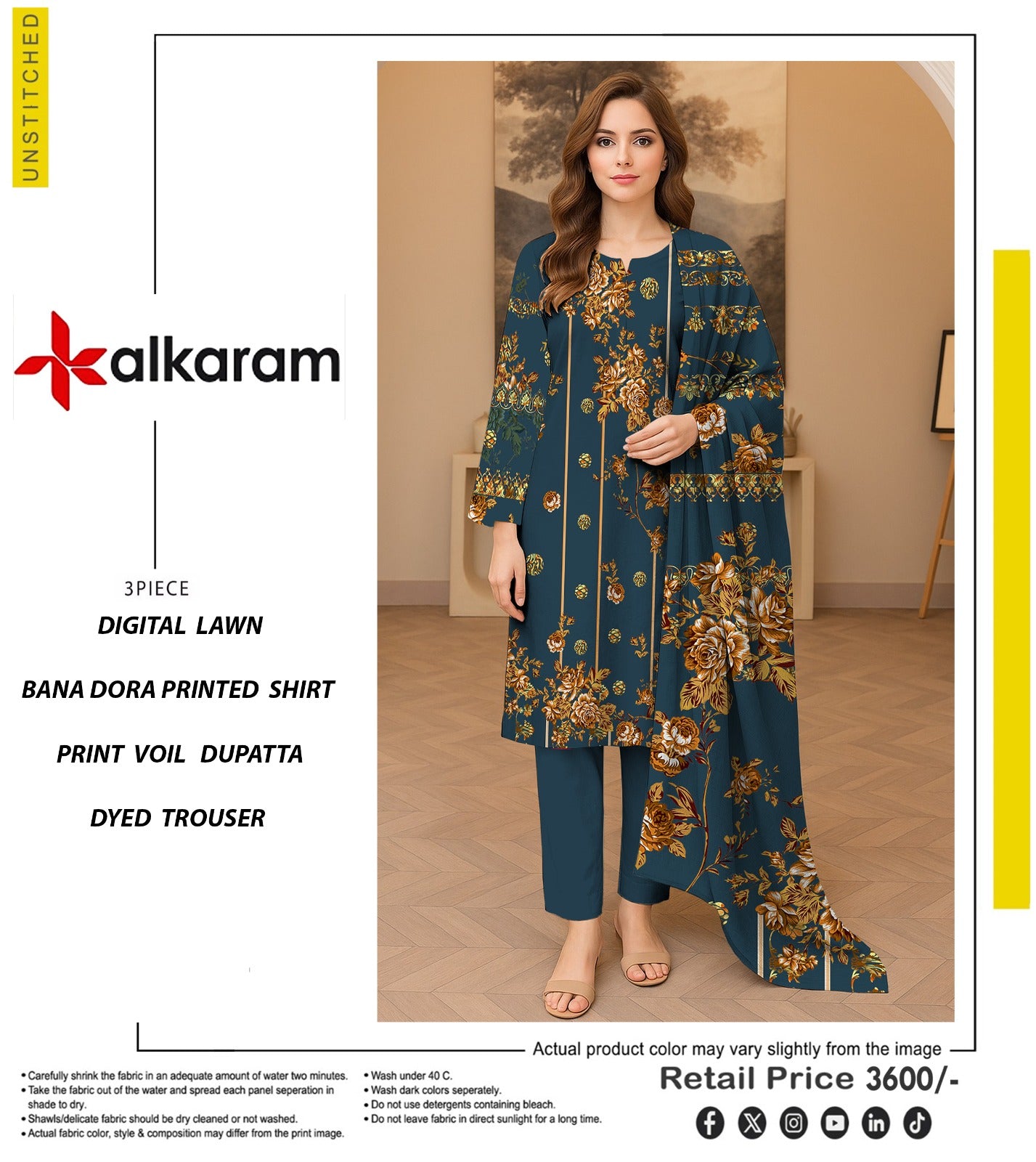 🔥 ALKARAM Tanadora – Premium Luxury Collection 🔥Mongia green with Golden-Yellow Floral Print