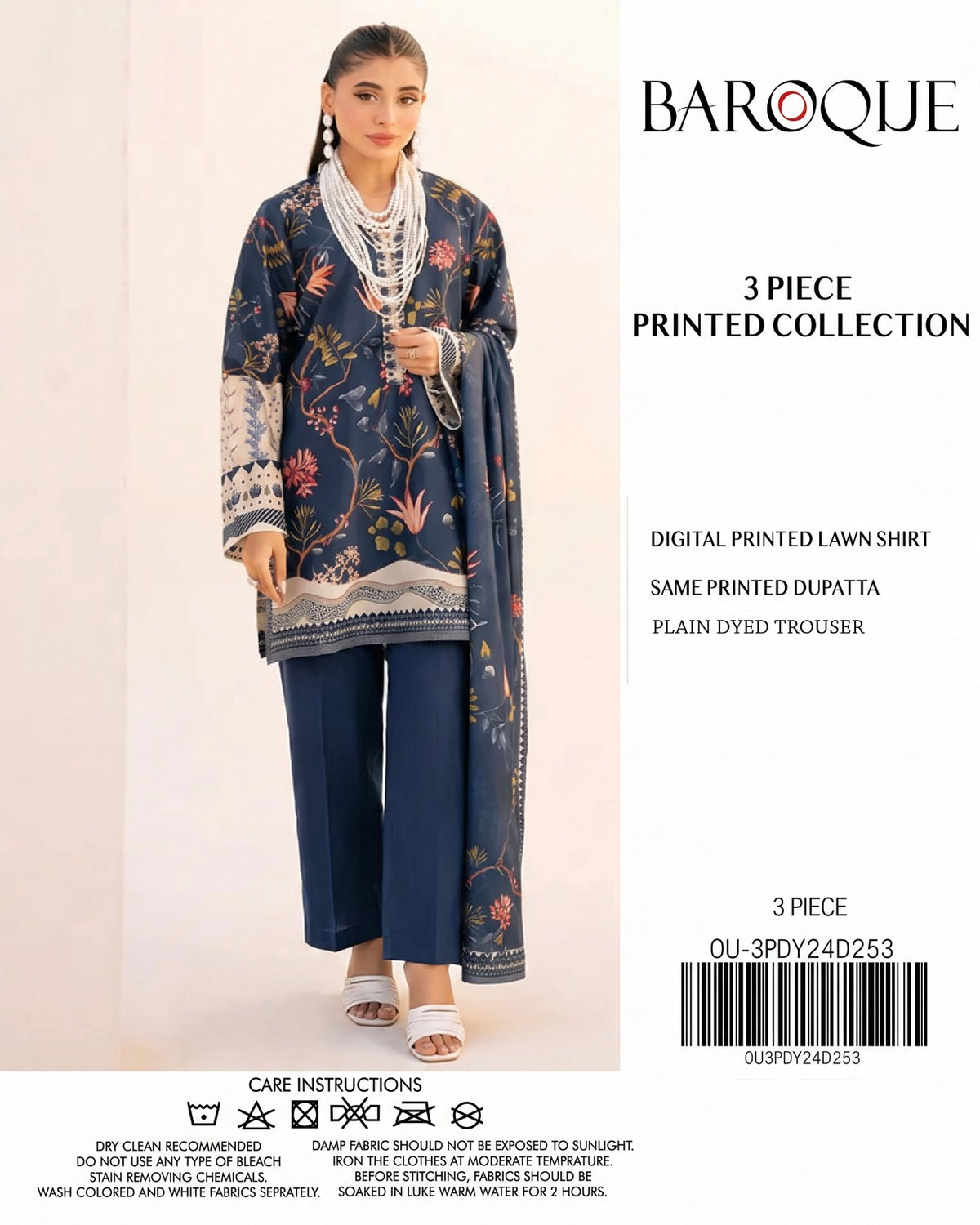 Baroque Blue Printed Lawn 3-Piece