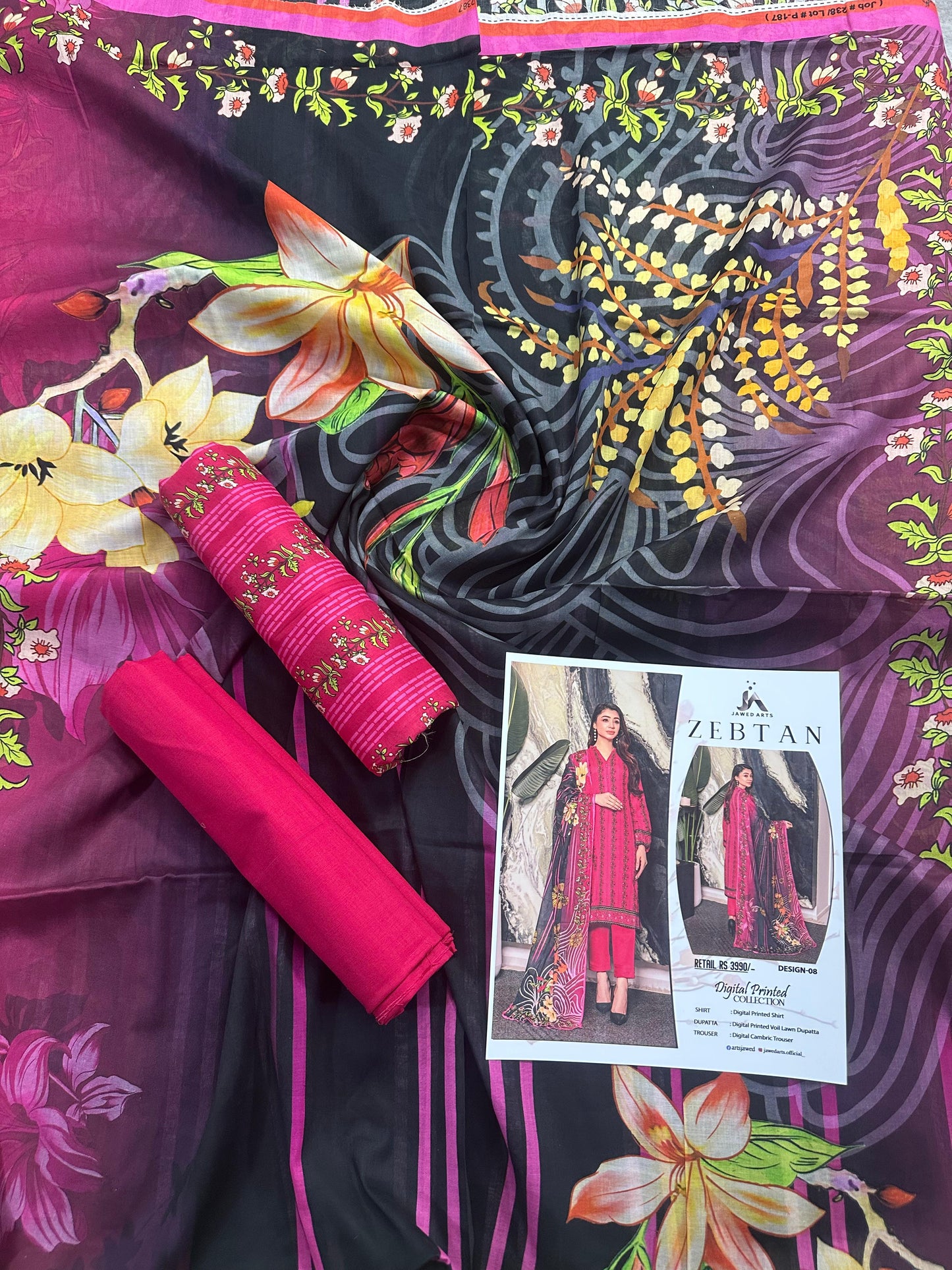 JAWED ARTS ZEBTAN –  3PC UNSTITCHED SUIT Design: 8