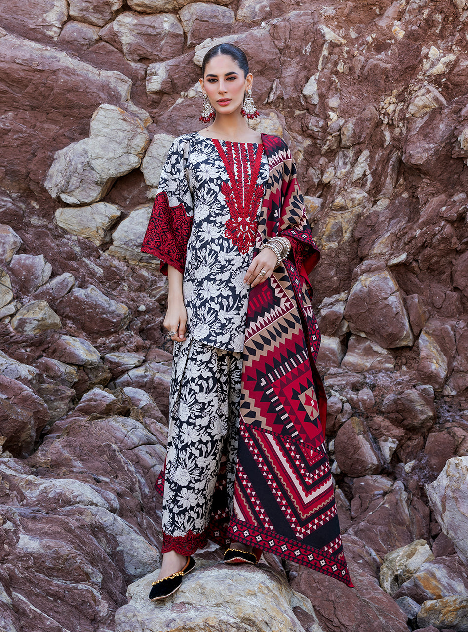 Zainab Chottani 3PC White-Blk Emb Lawn Suit