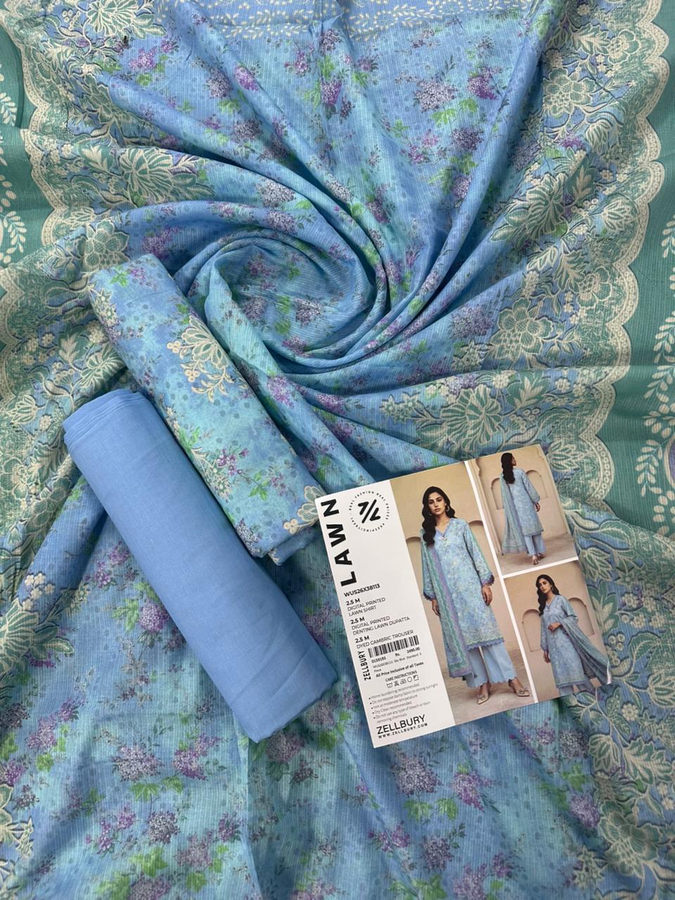 ZELLBURY Unstitched 3pcs Lawn Collection D.C:- WUS26X38113