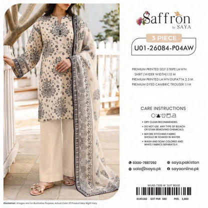 Saya 3 Piece Premium Lawn Collection D.C:U01-26084-P04AW
