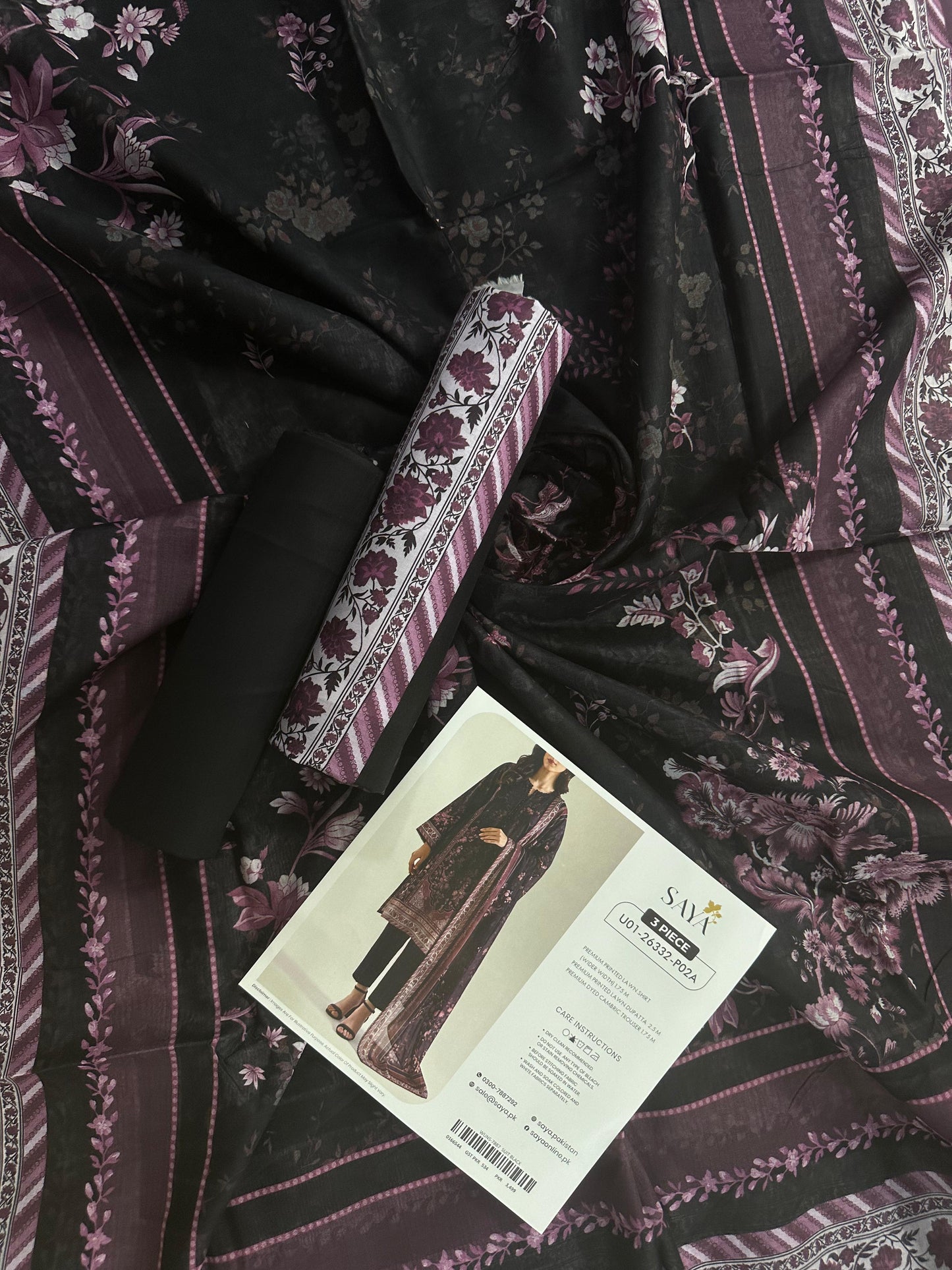 Saya D.C:- U01-26332-P02A - 3 Pcs Printed Lawn