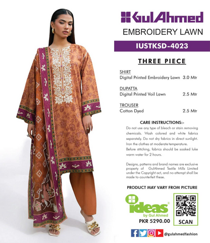 Gul Ahmed IUSTKSD-4023 Emb Lawn 3PCS