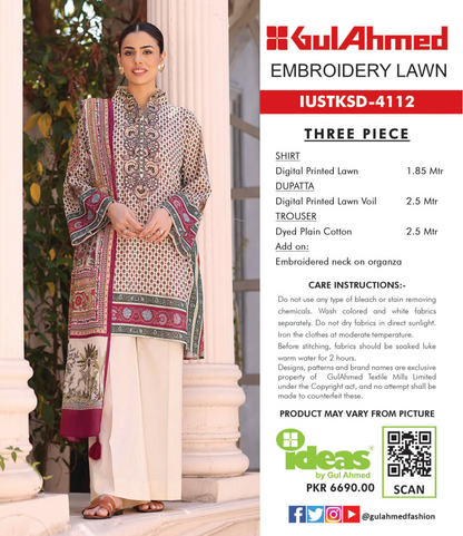 Gul Ahmed IUSTKSD-4112 Emb Lawn 3PCS