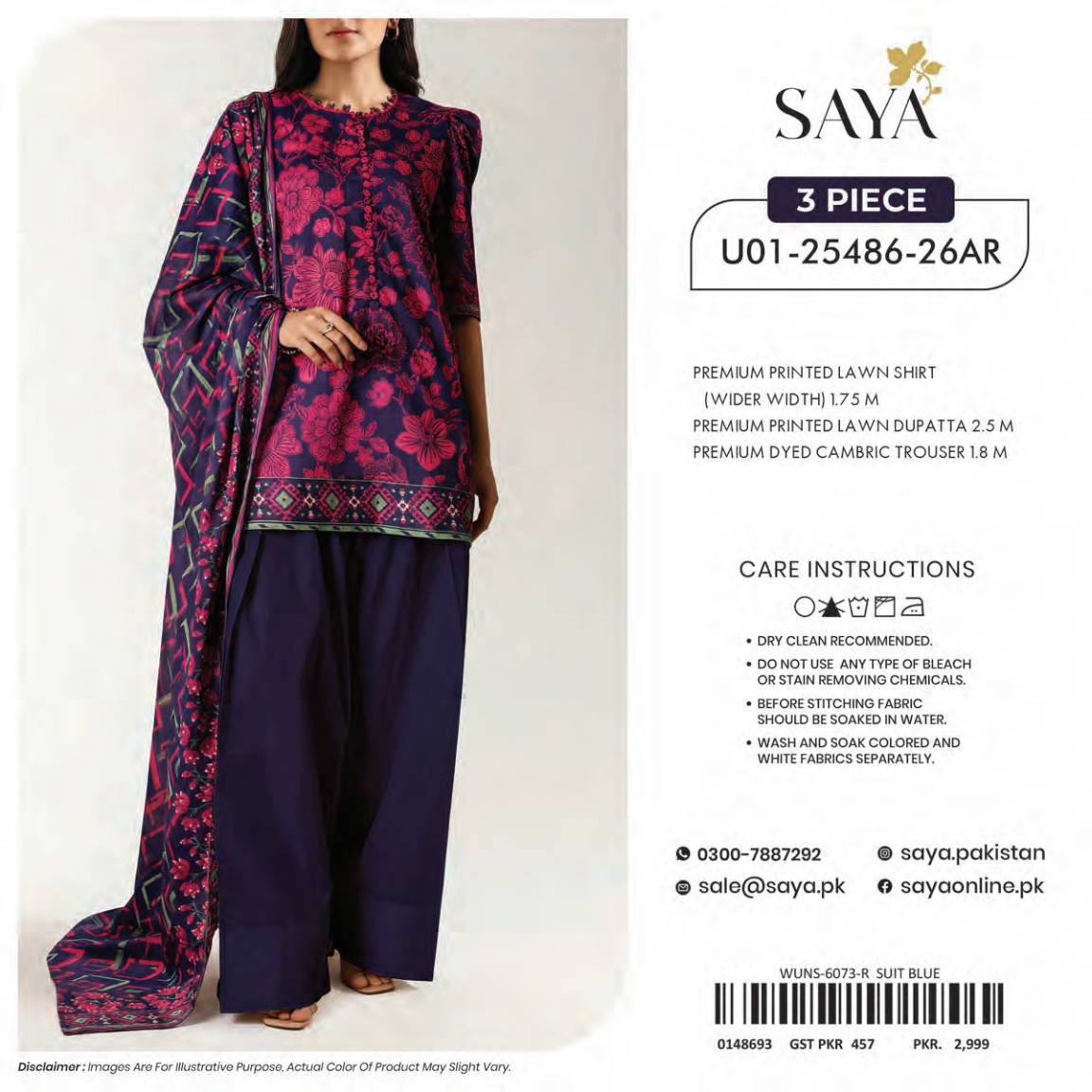 Saya Blue& Pink 3PCs Printed Lawn Unstitched Collection