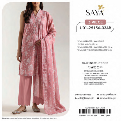 Saya Pink 3PCs Printed Lawn Unstitched Collection