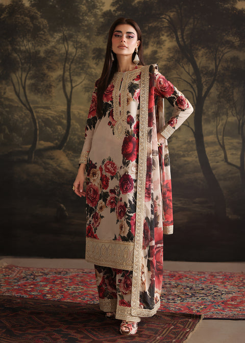 Humjoli 3PC Red-Beige Emb Lawn Suit