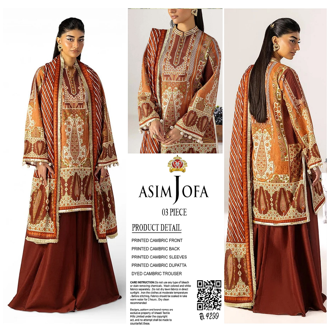 AsimJofa Brown Printed 3Pcs