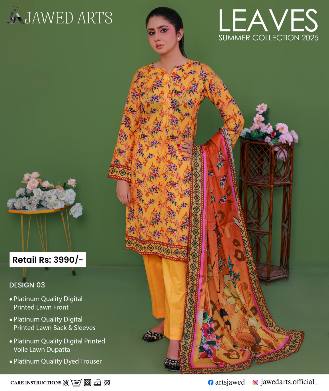 JAWED ARTS LEAVES –  3PC UNSTITCHED SUIT Design: 3