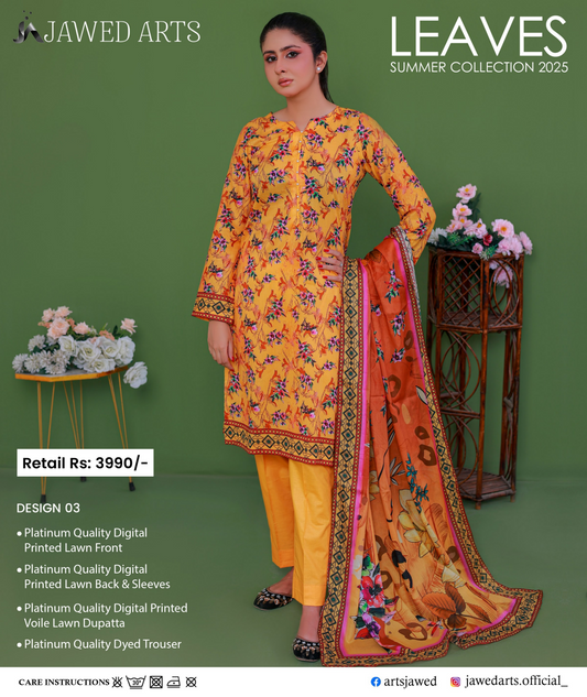 JAWED ARTS LEAVES –  3PC UNSTITCHED SUIT Design: 3