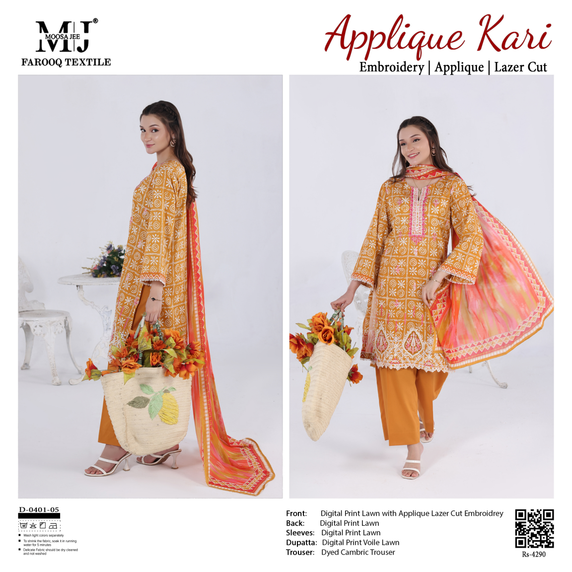 Luxury Summer Collection 
APPLIQUE KARI BY MOOSAJEE Design# D-0401-05