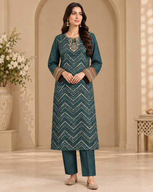 Saqafat–2Pcs Teal Emb Lawn