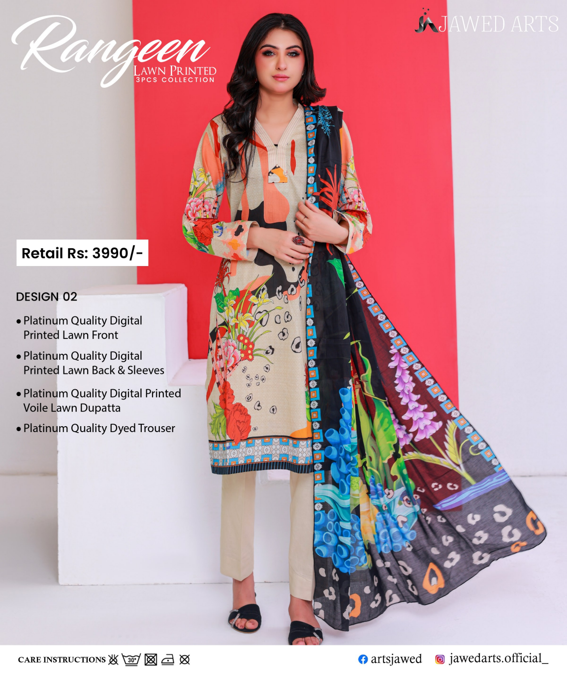 JAWED ARTS – RANGEEN–  3PC UNSTITCHED SUIT Design: 2