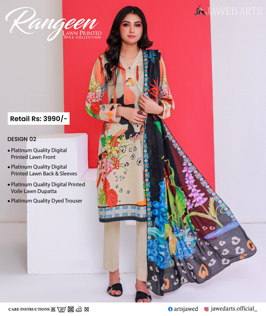 JAWED ARTS – RANGEEN–  3PC UNSTITCHED SUIT Design: 2