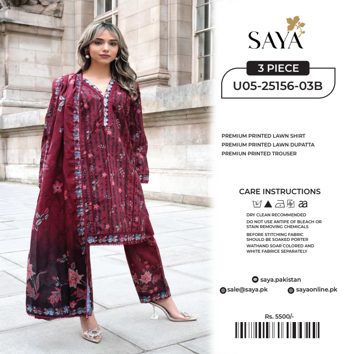Saya 3 PCs Unstitched Lawn Collection D.No :-05