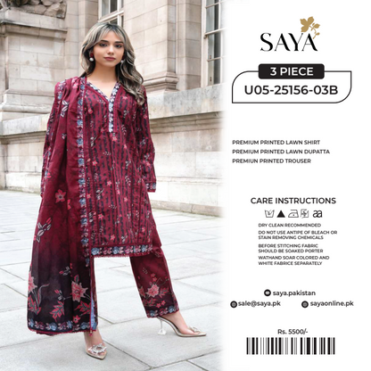 Saya 3 PCs Unstitched Lawn Collection D.No :-05