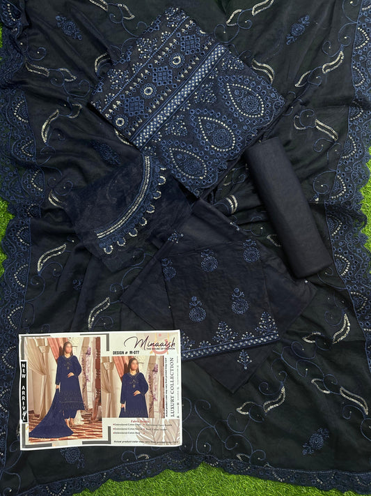 Minaaish DN # M-077 3Pcs Unstitched Embroidery Cotton Collection