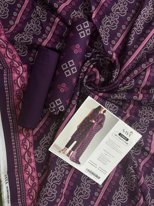 Saya D.C:- U01-25412-20BR - 3 Pcs Printed Lawn