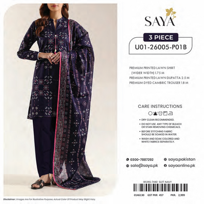 Saya Navy Blue 3PCs Printed Lawn Unstitched Collection