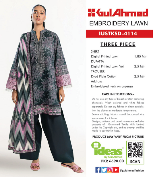 Gul Ahmed IUSTKSD-4114 Emb Lawn 3PCS