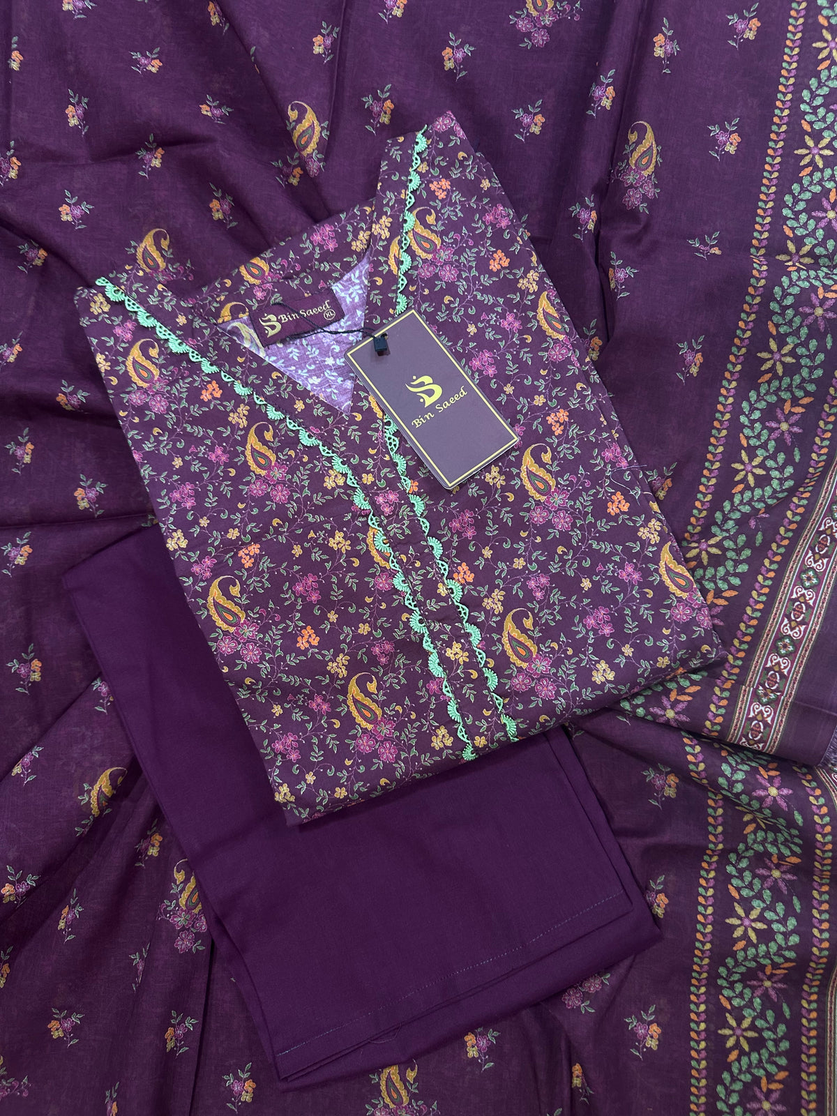 Bin Saeed Maroon Flower Stitched 3Pcs