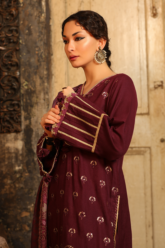 SALITEX Dyed Peach Leather Embroidered Shirt with Pashmina Printed Lurex Shawl UN-W22-PLEMB-021UT