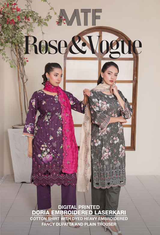 🌸 🌹 MTF – ROSE & VOGUE ✨ Digital Printed Doria Embroidered Laserkari Cotton 2025
Collection ✨