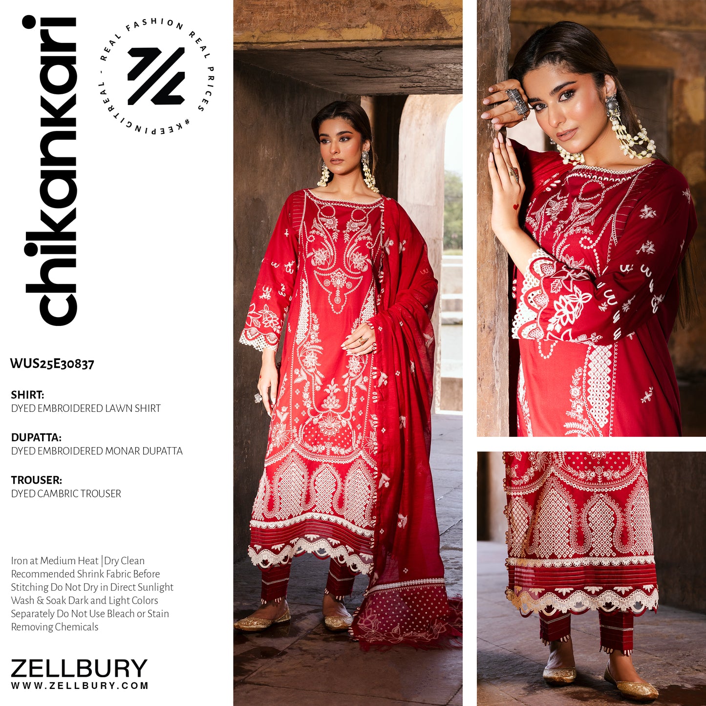ZELLBURY 🌟 CHIKANKARI RED ELEGANCE – WUS25E30837 🌟