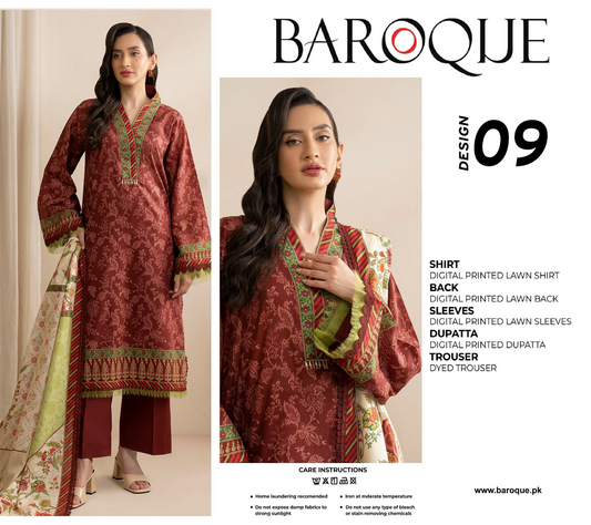 Baroque Brown D-09 Printed Lawn 3-Piece