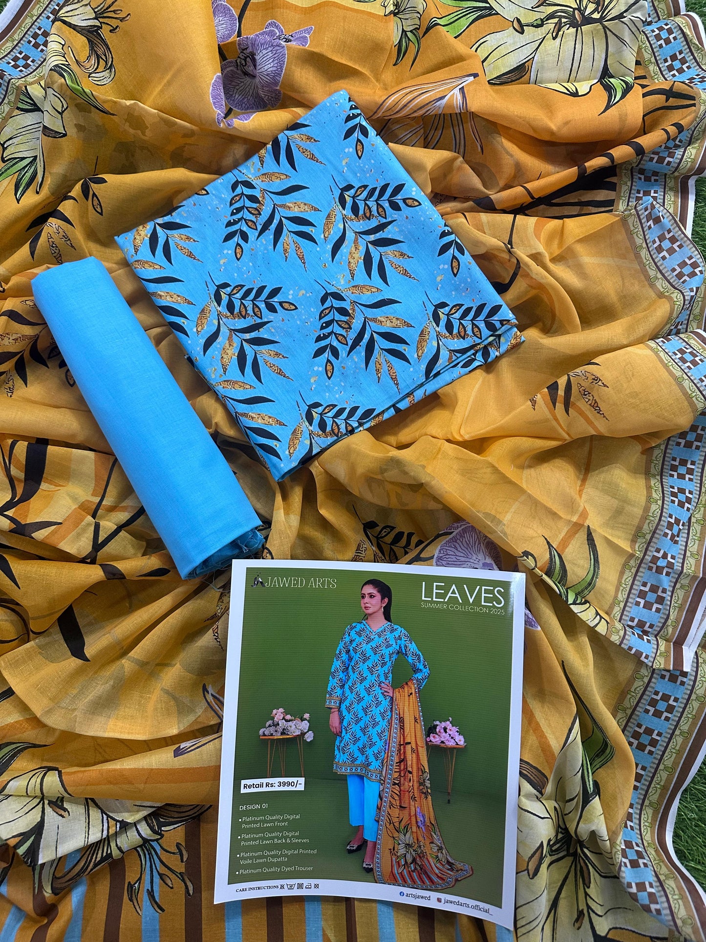 JAWED ARTS LEAVES –  3PC UNSTITCHED SUIT Design: 1